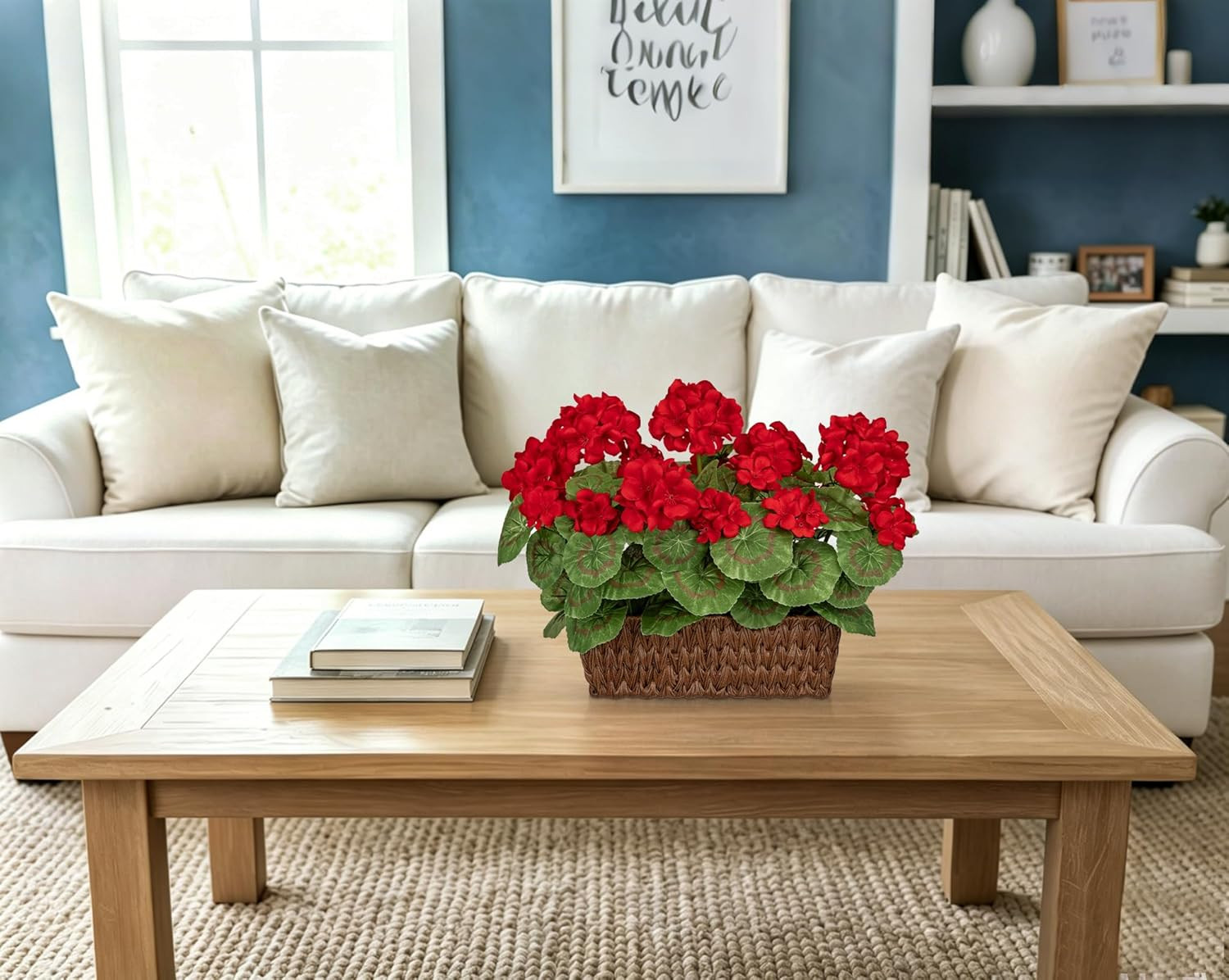 Briful Artificial Geraniums Flowers in Woven Basket Planter, Real Faux Red Silk