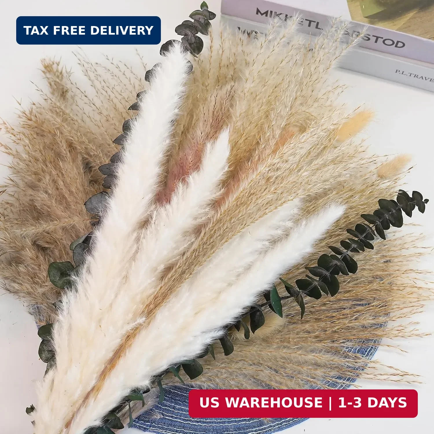Pampas Grass Decor, Dried Flower Bouquet with Bunny Tail Grass, Pampas Grass & E