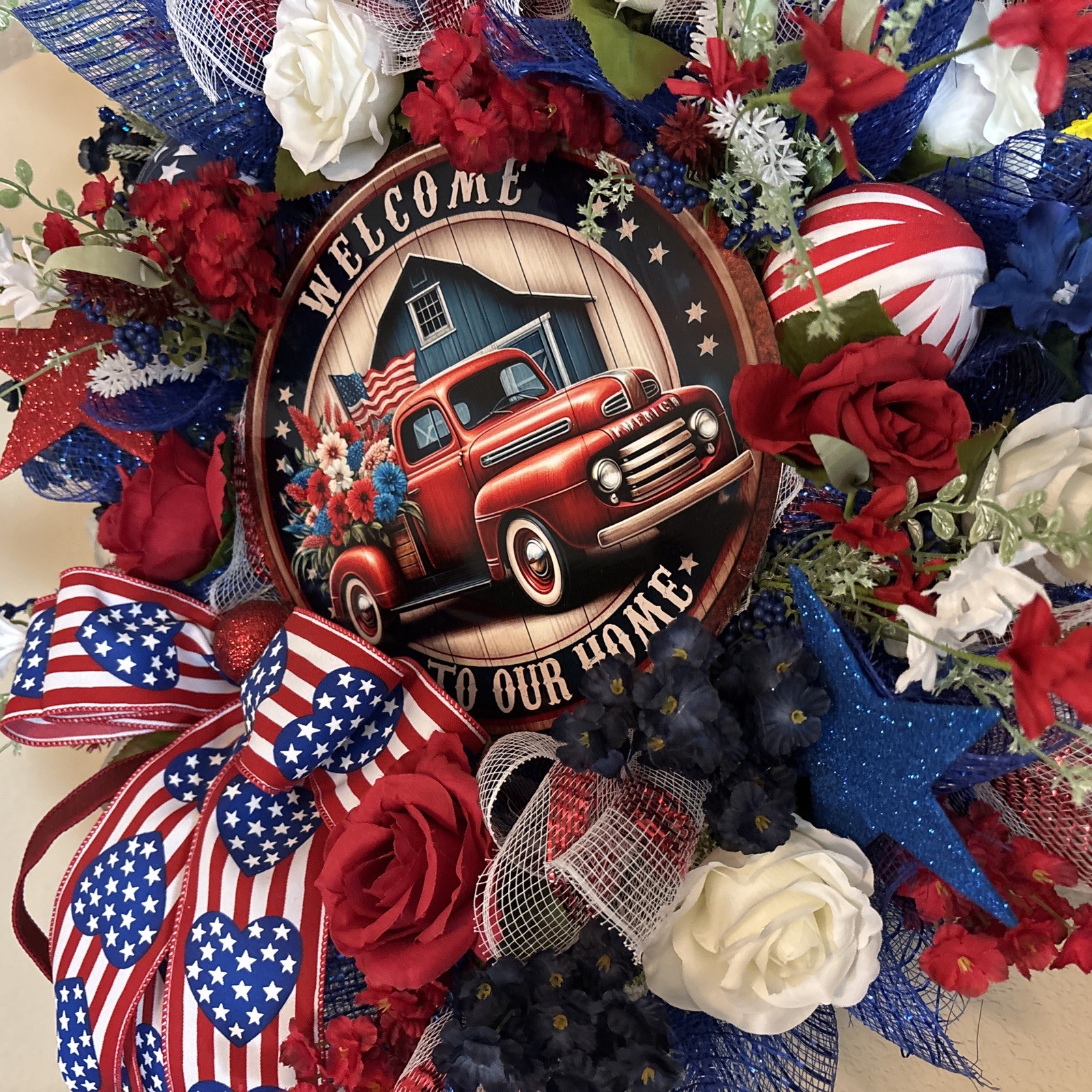 Patriotic Wreath 4th Of July Door Decor Red White Blue Truck Welcome To Our Home