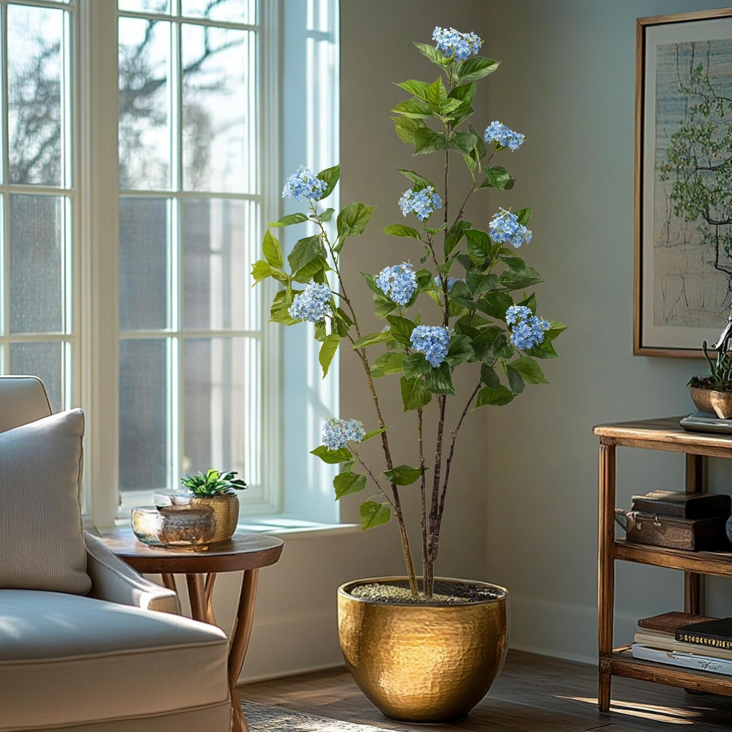 6Ft Blue Fiddle Leaf Fig Tree – Artificial Indoor/Outdoor Hydrangea Decor