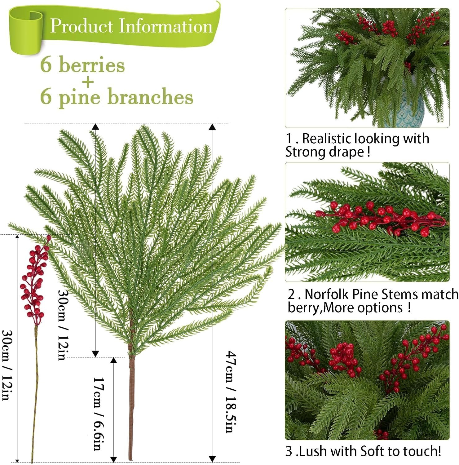 12pcs Christmas Norfolk Pine Branch with Berry Set, 18 Inches Artificial Norfolk