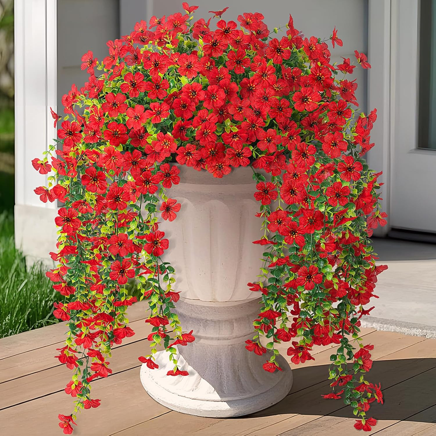 Artificial Fake Hanging Plants Flowers for Spring Outdoor Outside Decor, Red