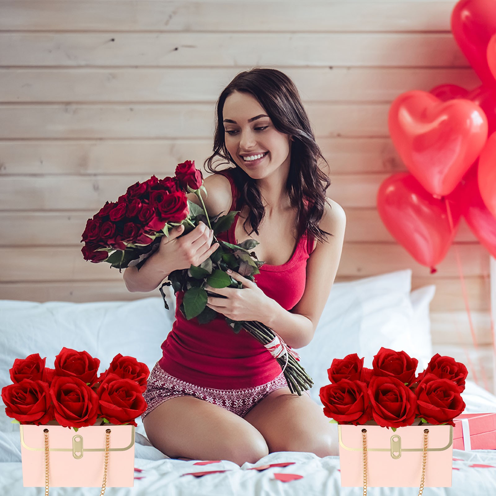 Flower Gift Box, 12 Pcs Paper Bouquet Flower, Pink & Black & White