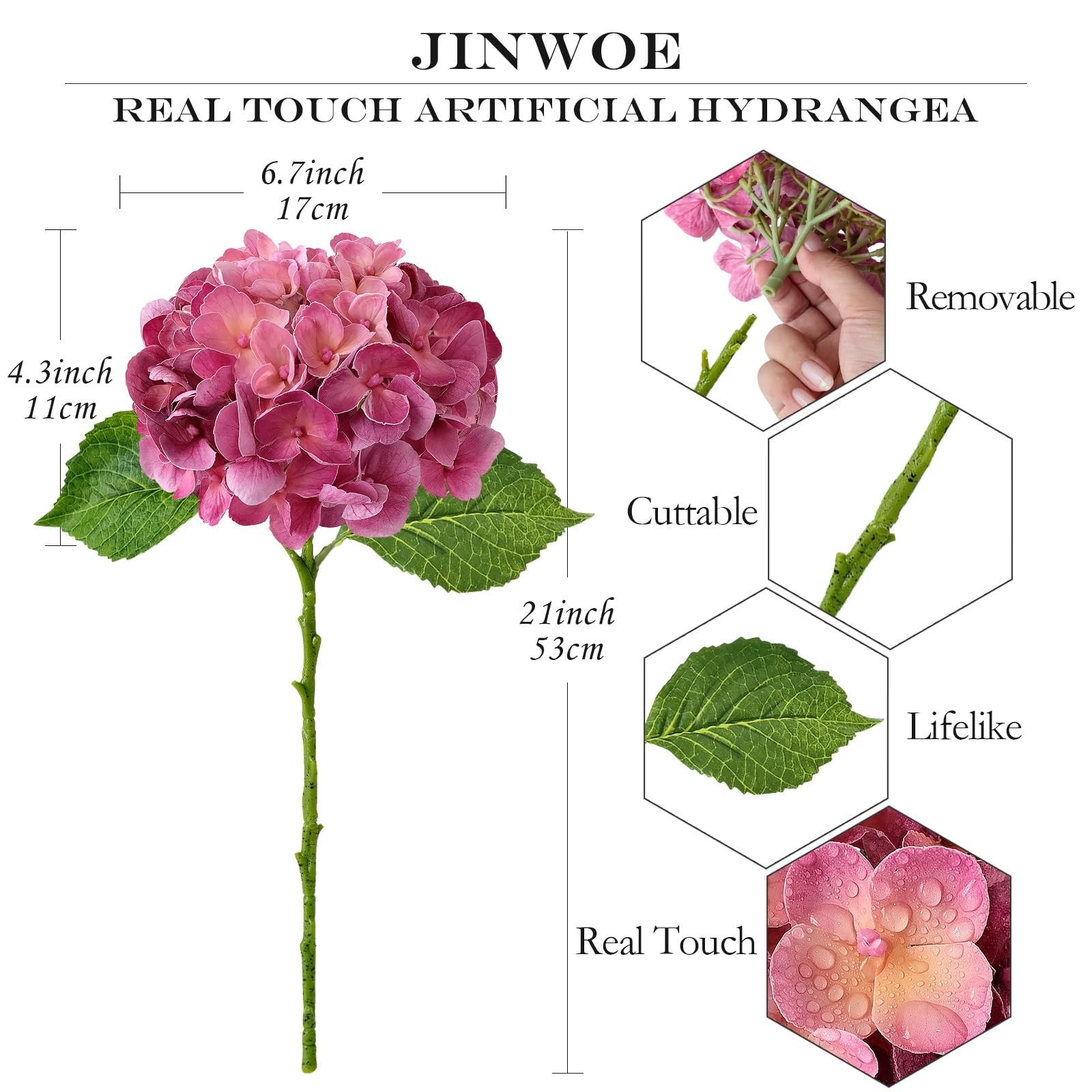 Magenta Pink Hydrangea Artificial Flowers, 4Pcs 21” Latex Real Touch Flowers,…