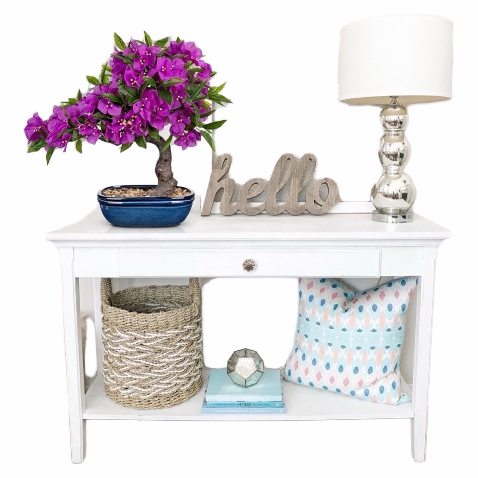 18.5” Purple Bougainvillea Bonsai Tree Blue Pot Artificial Silk Plant Decor