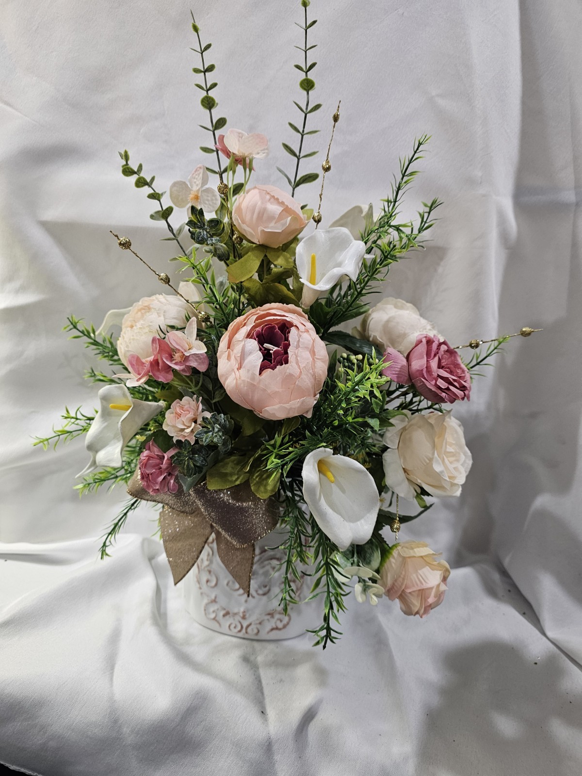 Artificial Flower Arrangement Peonies Calla Lilies Glistening Gold Accen & Vase