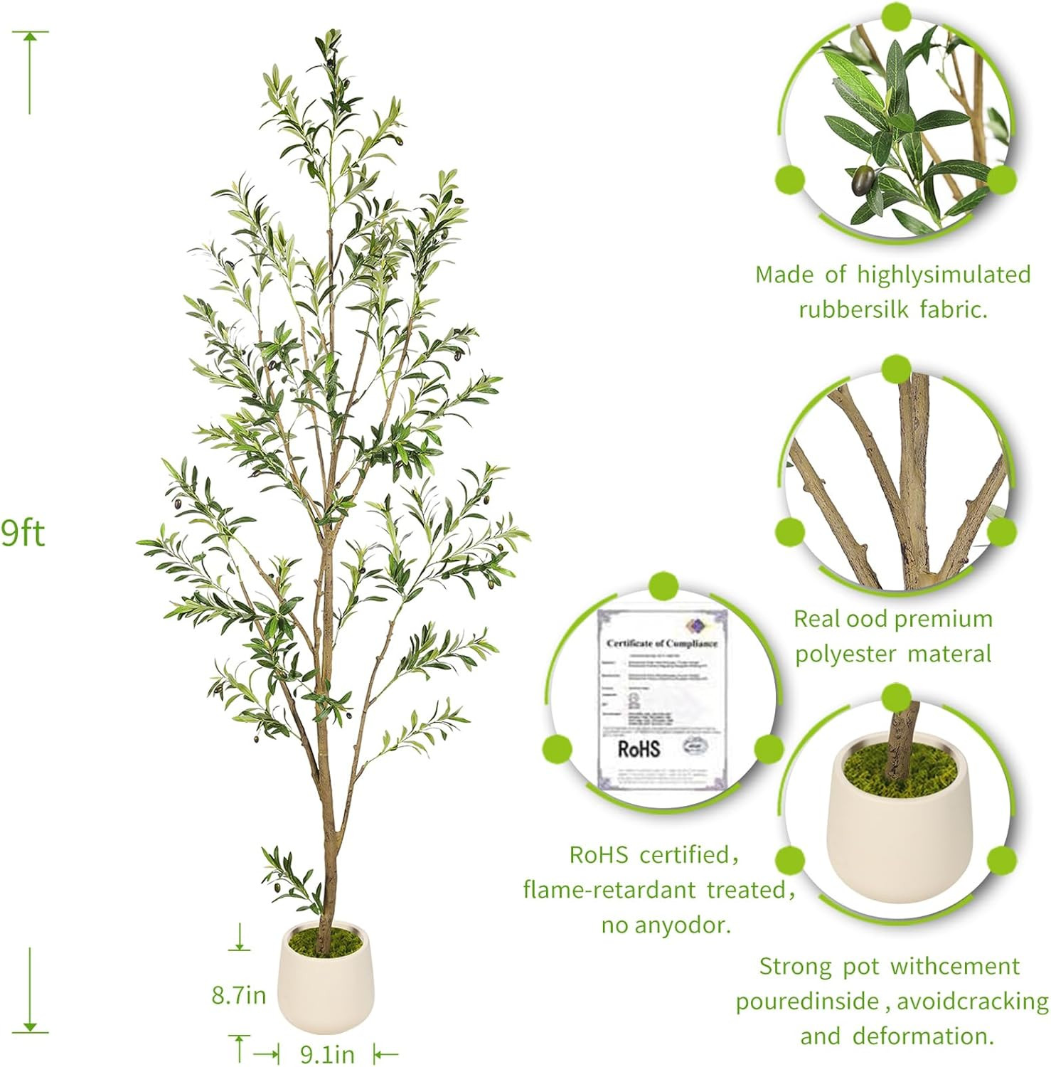 9FT Tall Faux Olive Tree with White Planter – Lifelike Indoor Decor