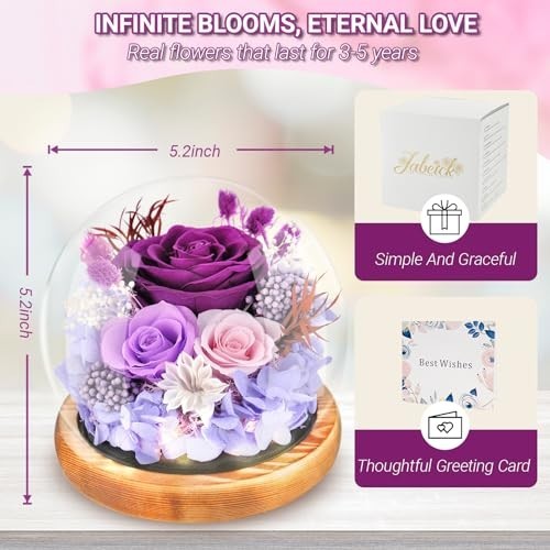 Eternal Rose in Glass Dome – Preserved Flowers with LED Light, Long-Lasting Gift
