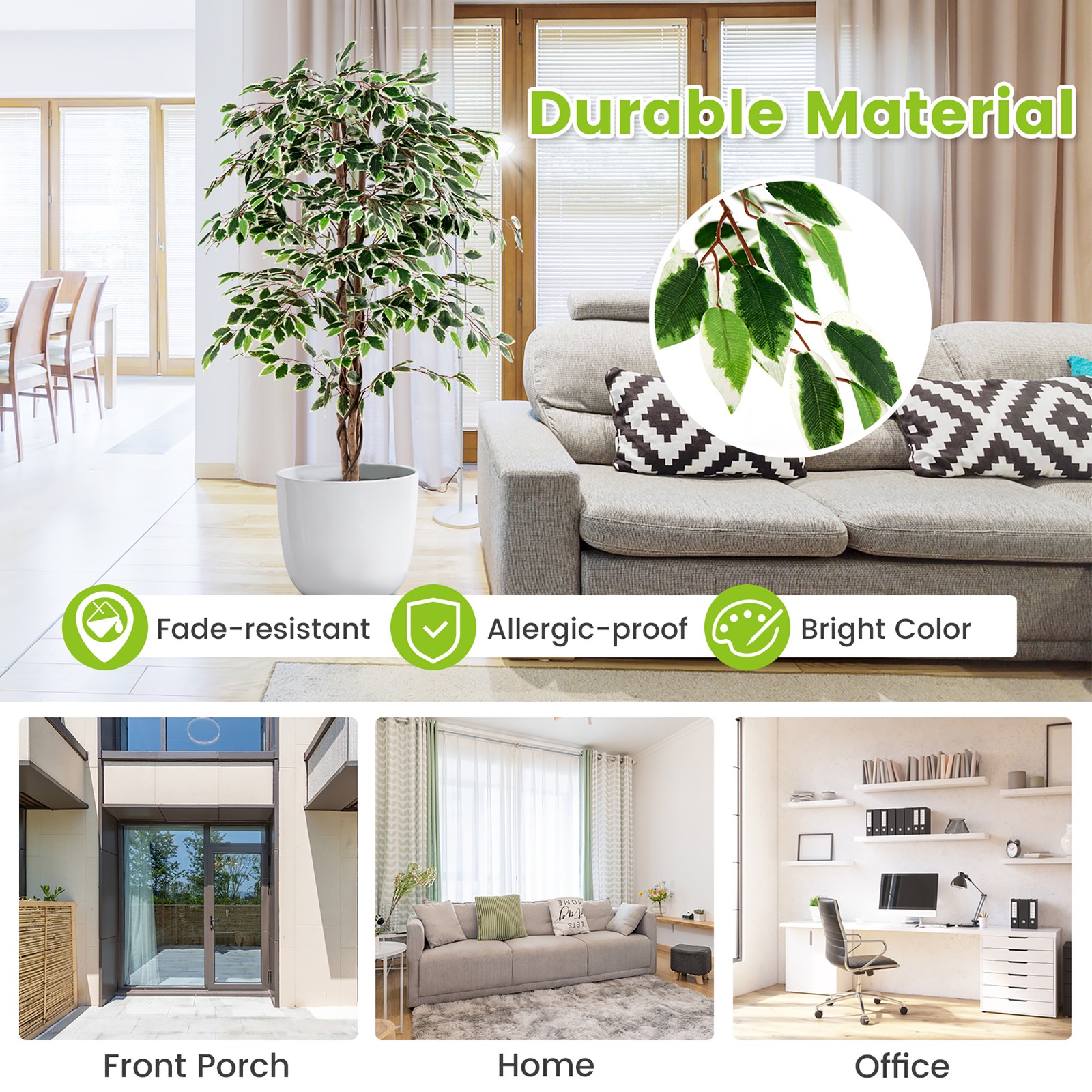 Artificial Ficus Tree Tall Faux Indoor Plant w/ 1008 Leaves Natural Wood Trunk