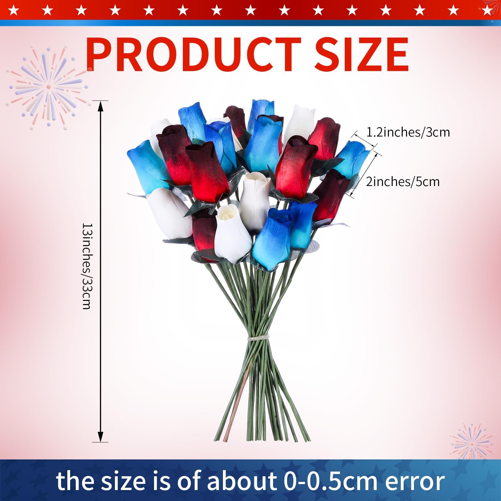 24 Pcs Realistic Patriotic Wooden Roses, 13 Inch Red Blue White Patriotic Bea…