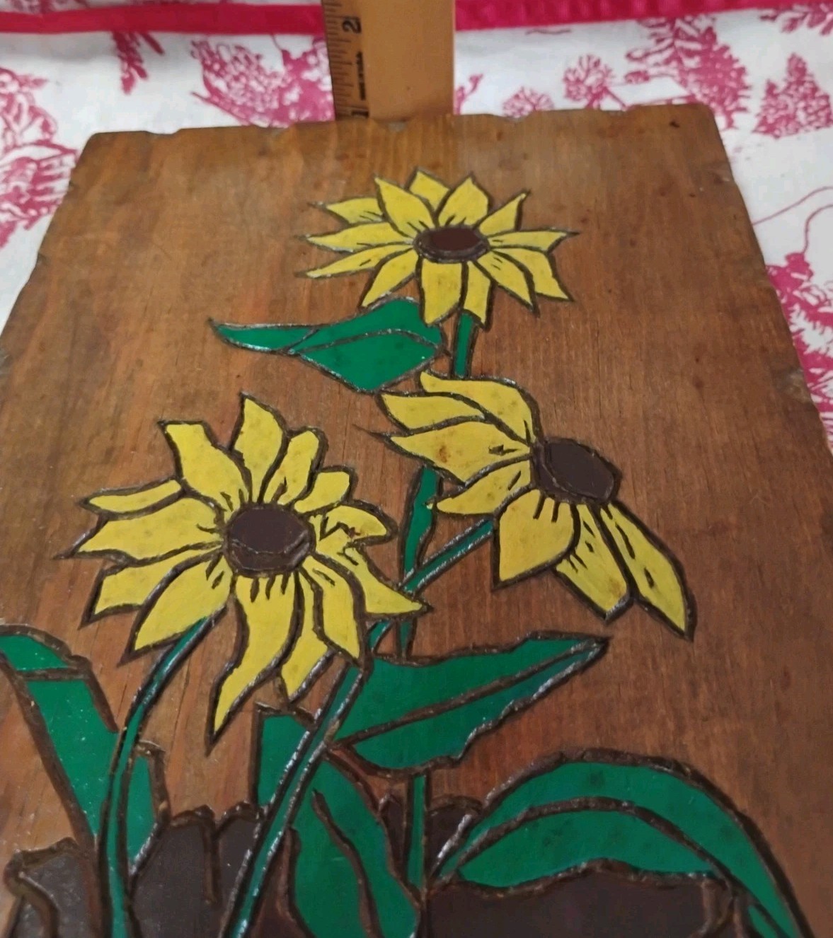 Vintage Carved Painted 3 Sunflowers Bucket Wall Art Primitive Farmhouse Rustic