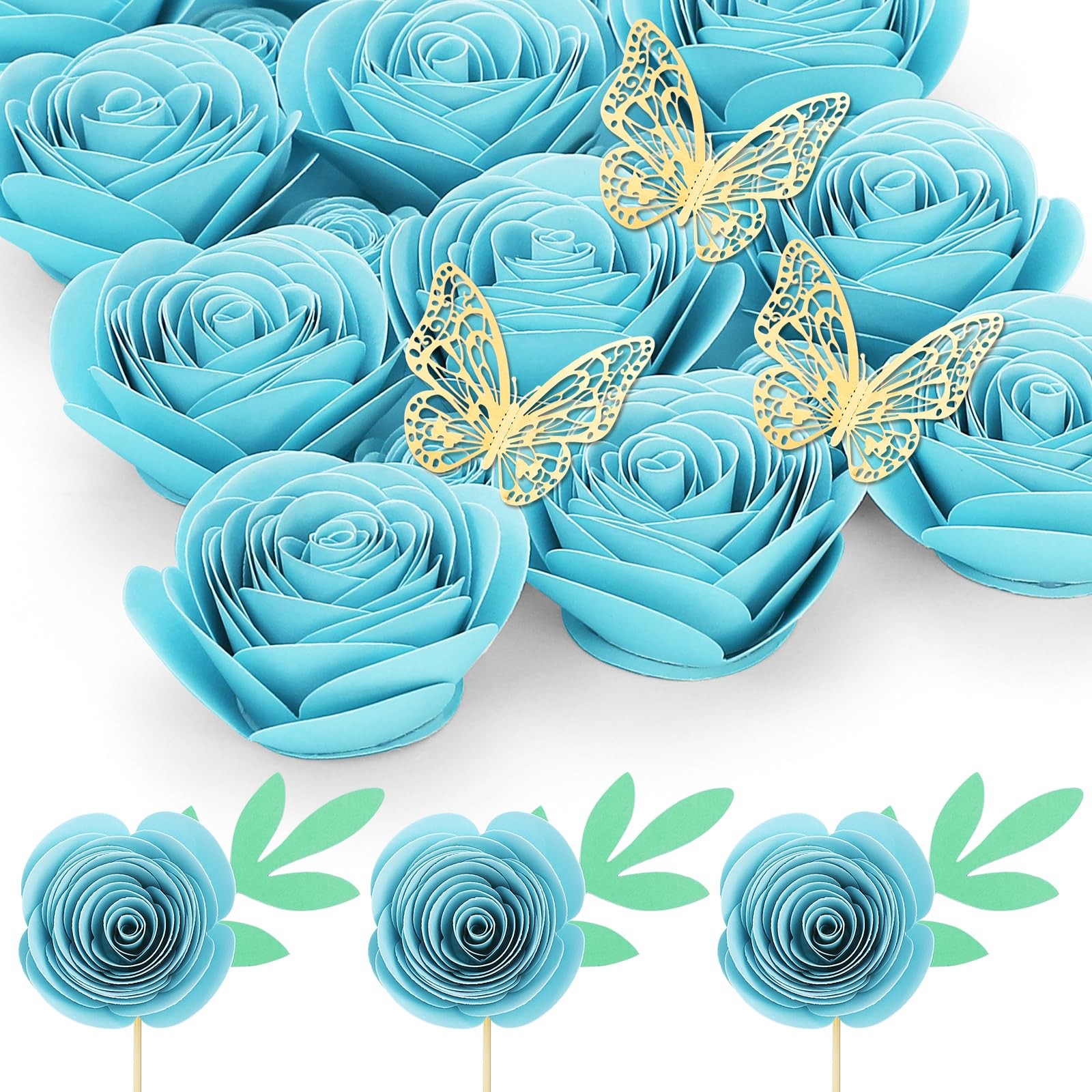 Light Blue Roses Artificial Flowers 18 PCS Mini Paper Crafts DIY Decoration
