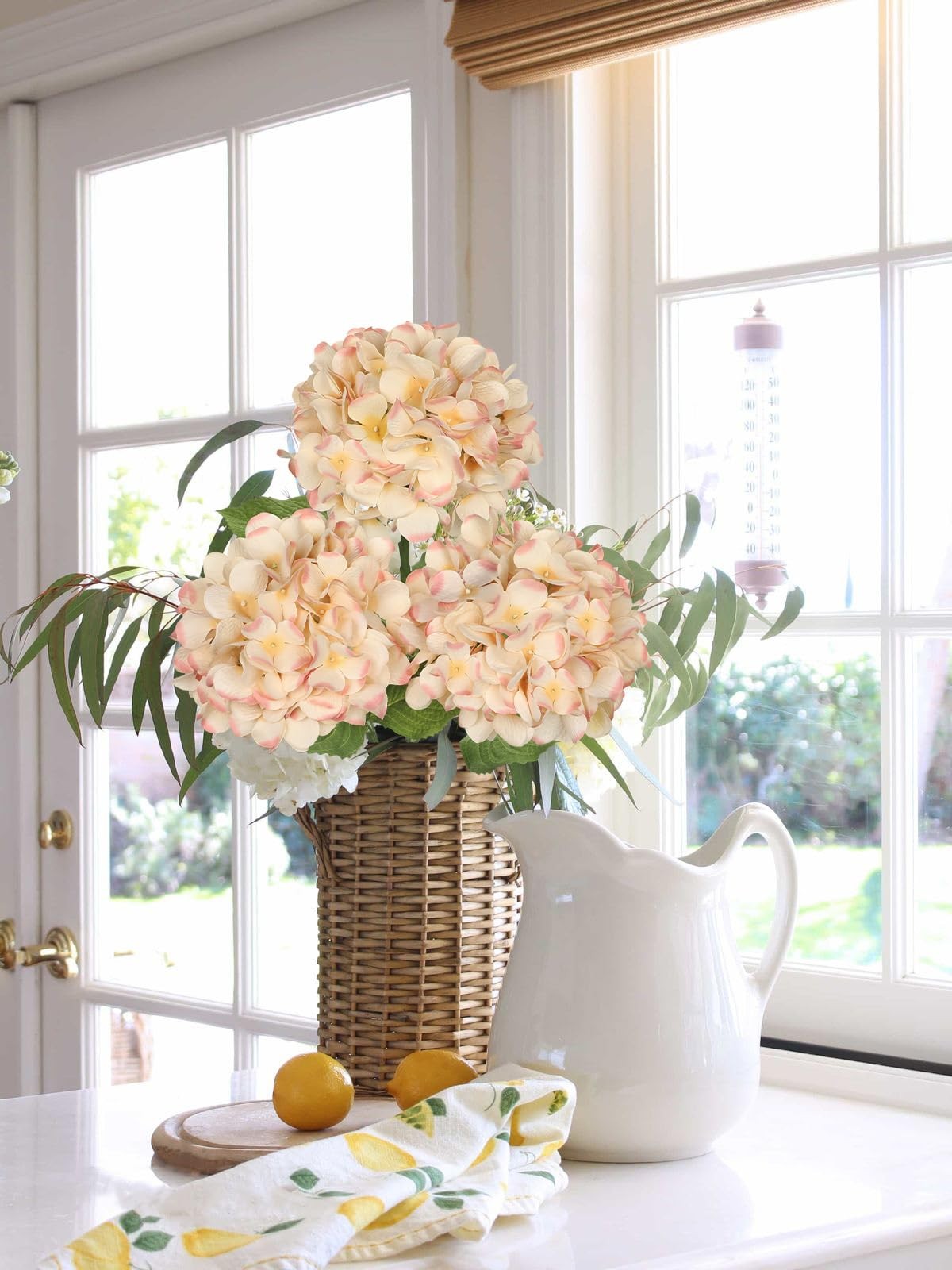 3Pcs Beige Hydrangea Artificial Flowers 28.7″ Real Touch Large Faux Silk Hydr…
