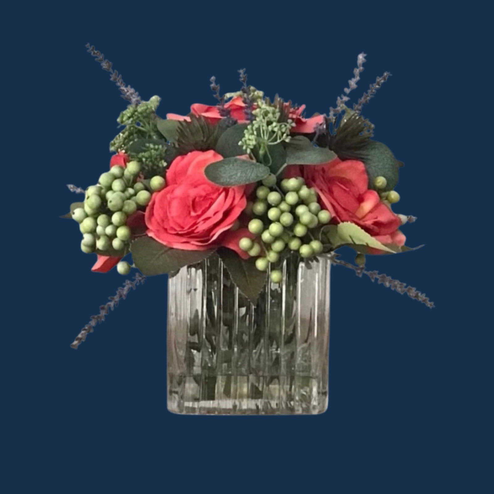 Custom Designed Faux Floral Arrangement Glass Vase With Faux Water