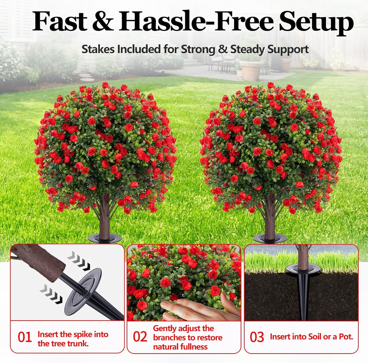 2 Set Artificial Rose Boxwood Topiary Ball Tree 26″ UV Resistant Faux Greenery