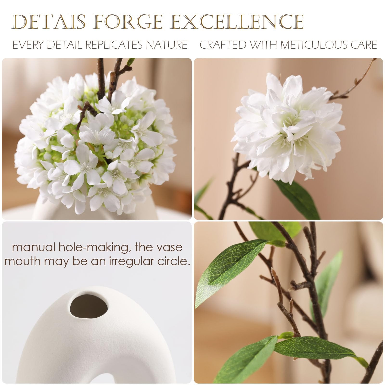 Fake Flower Bouquet and Vase Set Faux Silk Arrangement White Blossoms