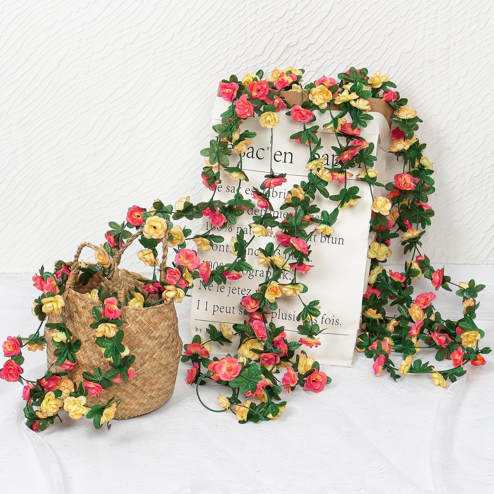 9 Pack 72 FT Artificial Flower Garland, Fake Champagne Roses Vines Silk Flowe…