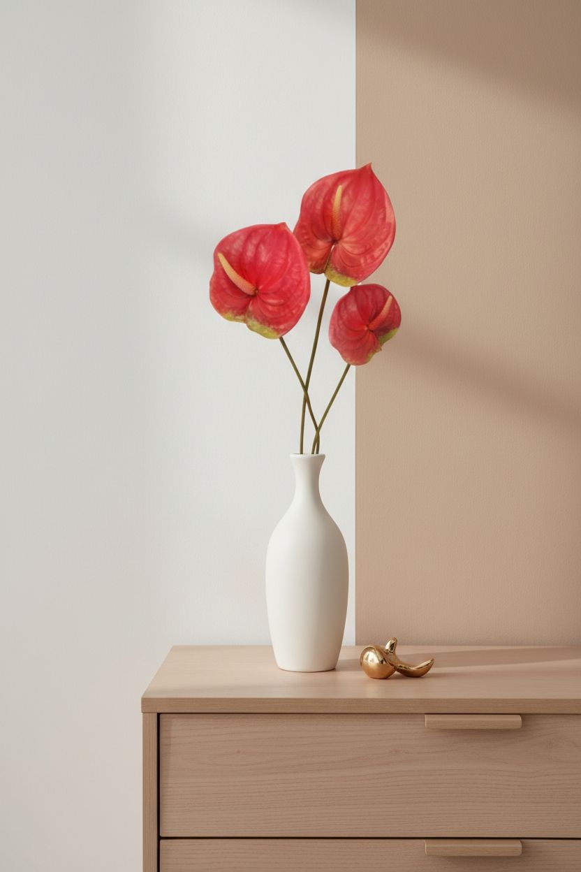 Pink Artificial Anthurium Stems Set of 3, 23 Inch Faux Modern Tropical Decor