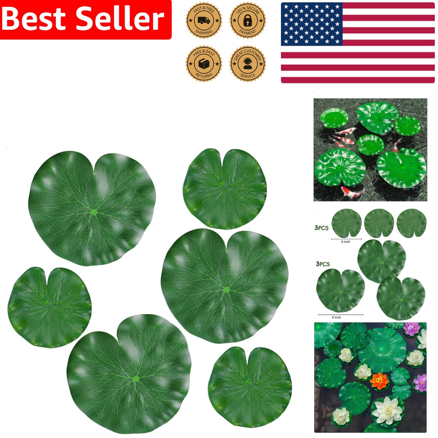 6Pcs Floating Lily Pads Artificial Foam Lotus Leaves Realistic Pond Decor