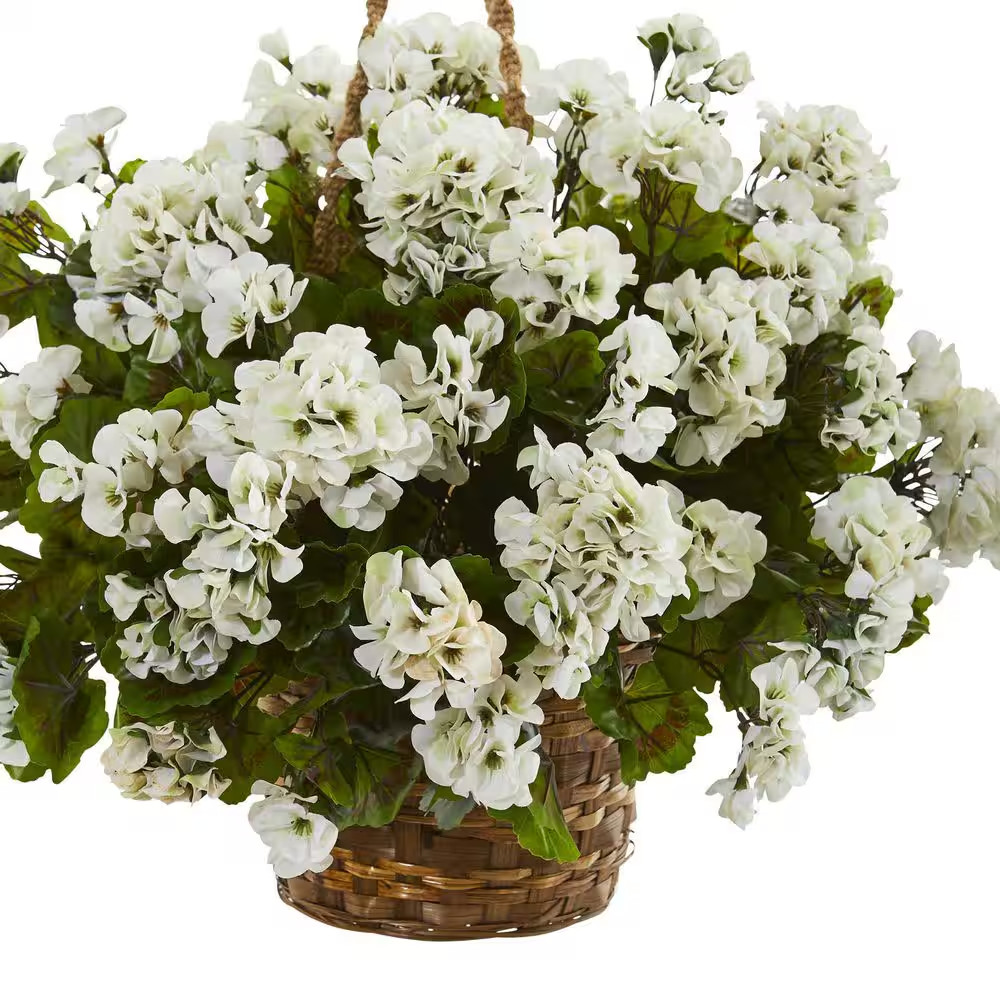 Indoor/Outdoor UV Resistant White Geranium Hanging Basket Artificial Plant