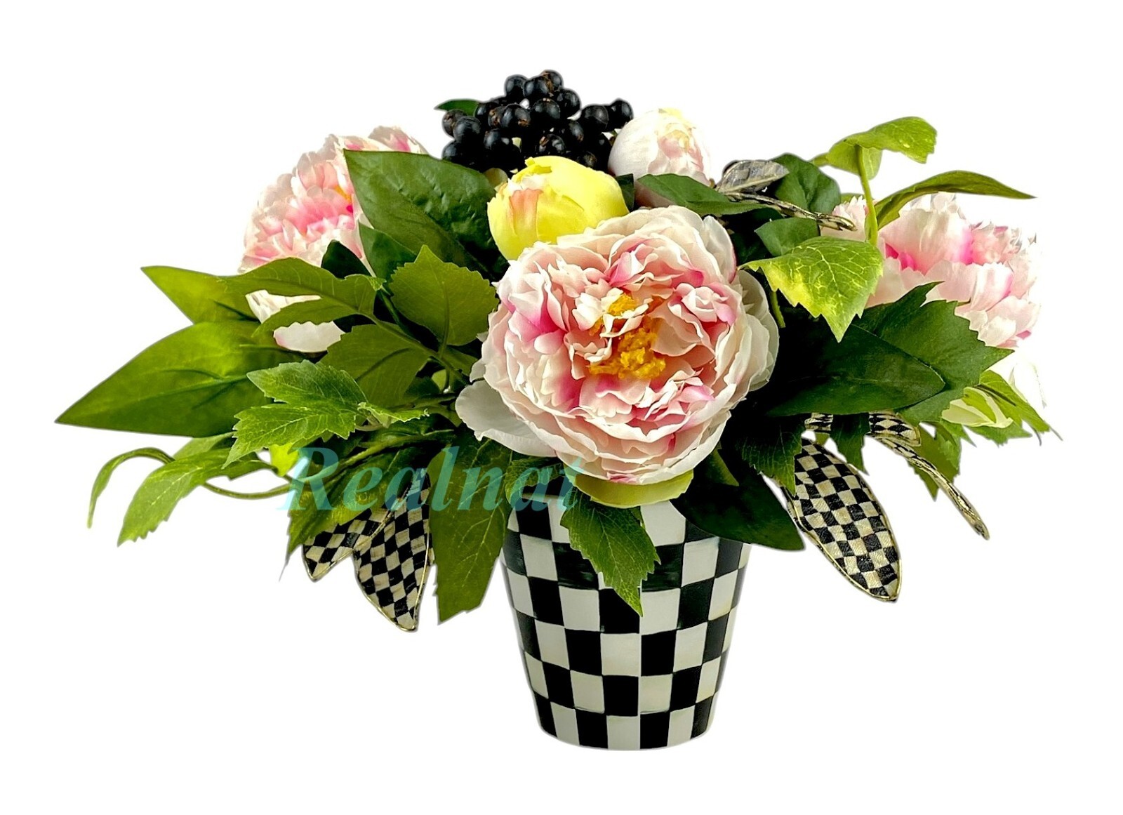 MacKenzie-Childs PEONY ARRANGEMENT COURTLY CHECK POT & LEAVES 11″ NEW NO BOX