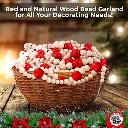 9 Foot Red & Natural Wood Bead Ball Christmas Garland | Wooden Christmas Tree
