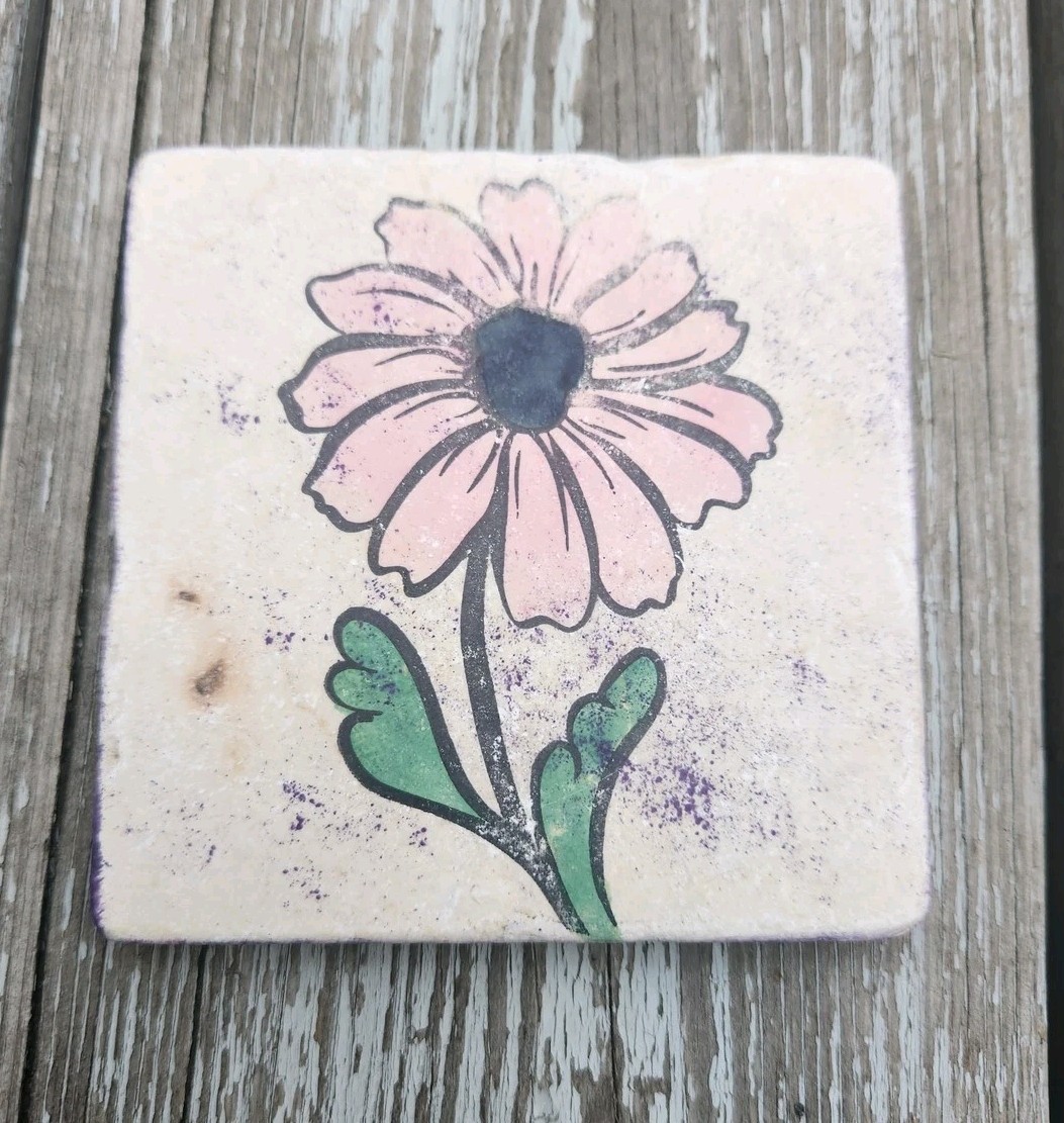 Handmade Floral Stone Tile Coasters Set 6 Flower Art Unique Home Decor Gift