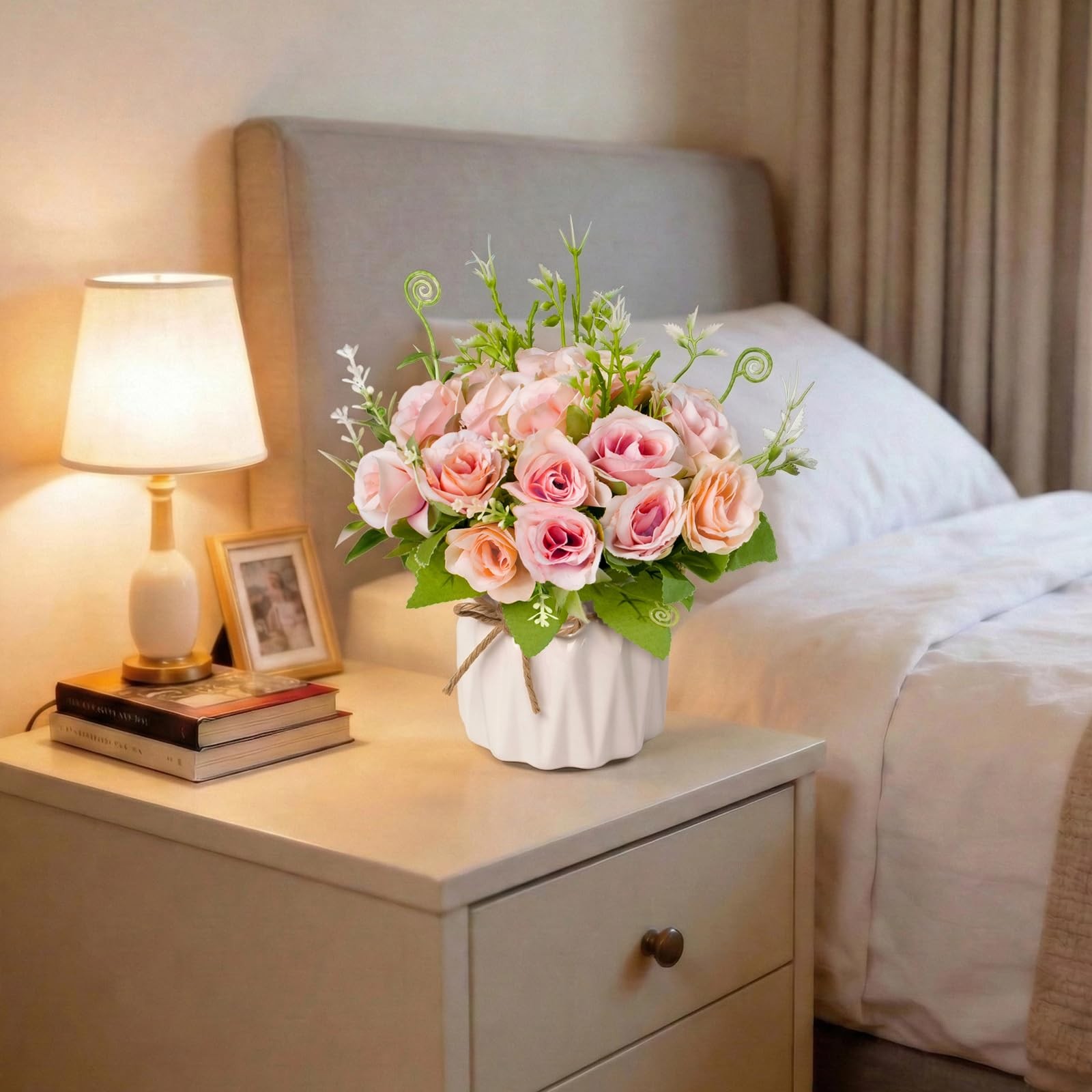 Fake Flowers with Vase,Pink Roses Artificial Flowers in Vase