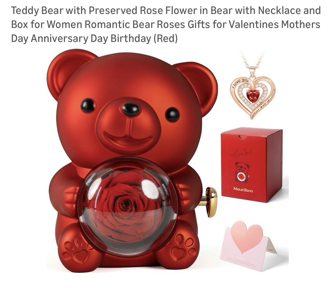 mountova Teddy Bear with Preserved Rose Flower in Bear with Necklace and Box …