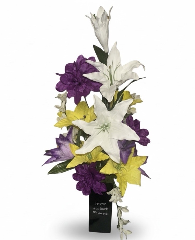 Cemetery Flowers Spring Arrangement Purple White Yellow Metal Inscribed Vase NEW