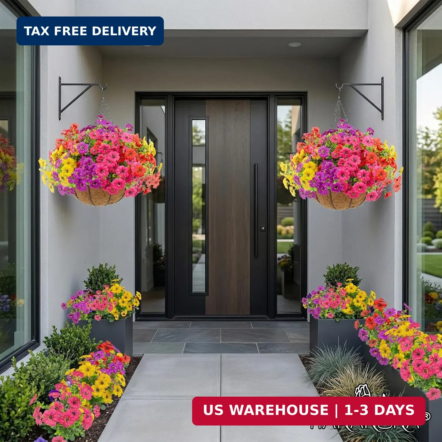 Hananona 2 Set Artificial Outdoor Flowers with Hanging Basket, 2 Hanging Planter