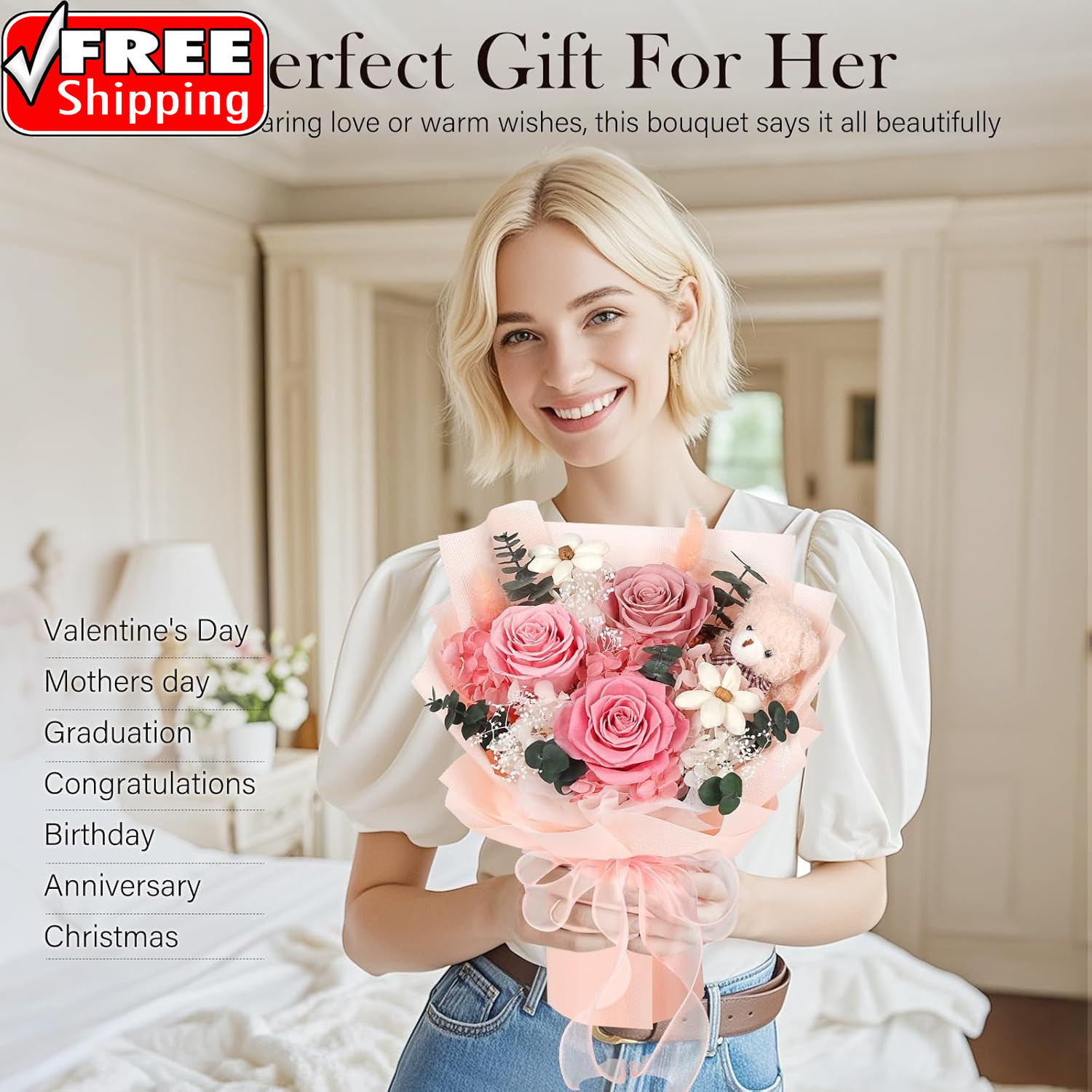 Preserved Flowers Bouquet with Bear, 3 Real Forever Flowers for Delivery, Long-L