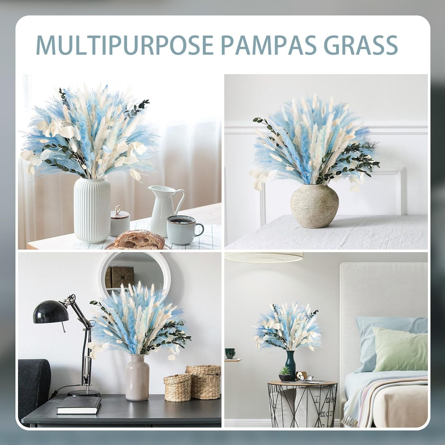Pampas Grass Decor 101pcs Blue Dried Flowers Boho Indoor Wedding Beach Theme DIY