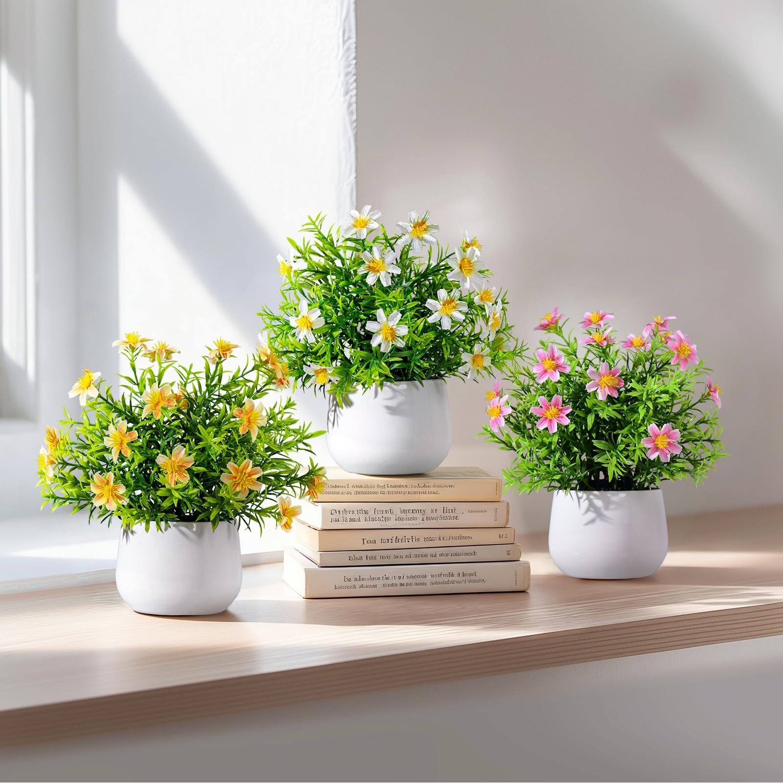 3 PCS Small Fake Potted Flowers White Pink Yellow Mini Greenery Decor
