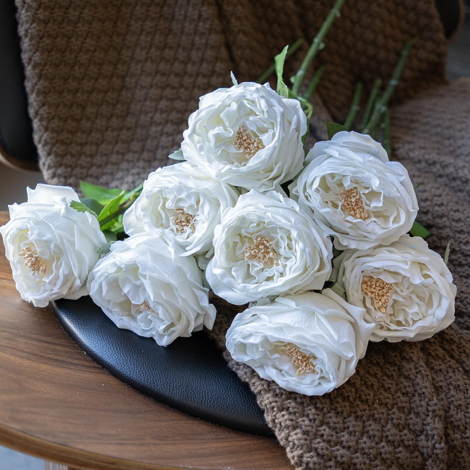 White Fake Flowers for Decoration 4pcs Real Touch Austin Rose Peony Latex