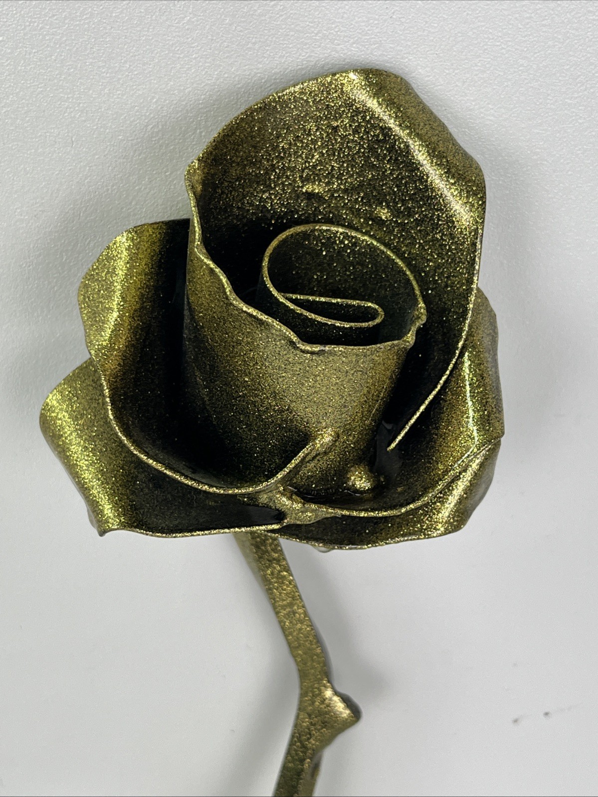 Hand Forged Rustic Metal Rose w/ Thorns Sculpture Gold Sparkles