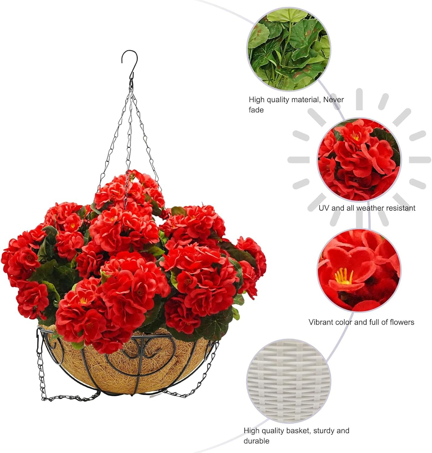 2 x Red Artificial Geranium Hanging Basket,Outdoor Christmas Porch Garden Decor