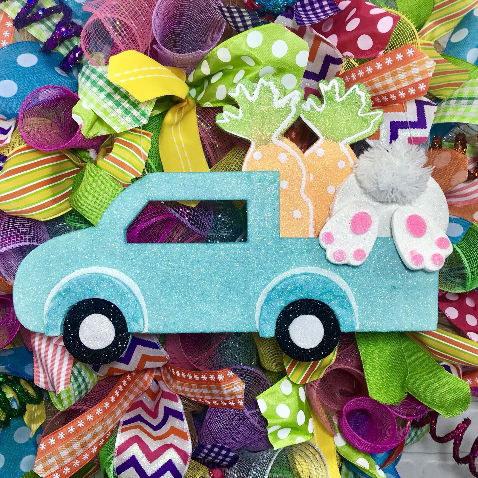 Easter, Spring, Bright, Pink, Blue, Yellow, Fun, Whimsical, Deco Mesh Wreath