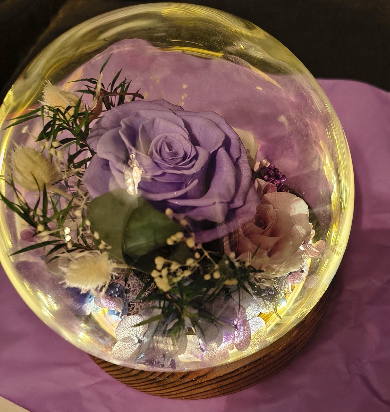Artificial Rose Floral Arrangement Glass Dome with LED Lights, Purple White