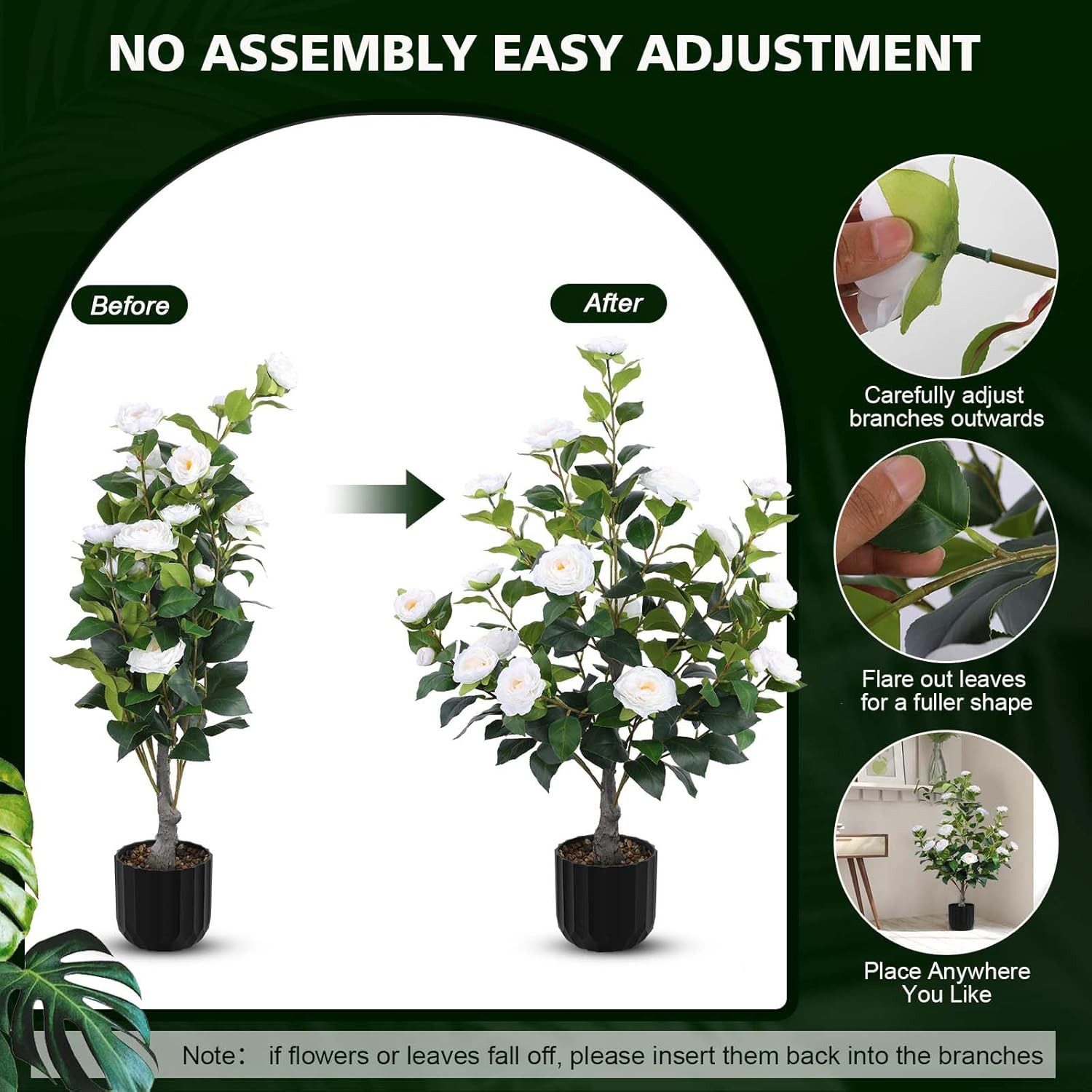2 Pcs Artificial Camellia Trees Faux Camellia Plant in Pot with Flowers Indoor P