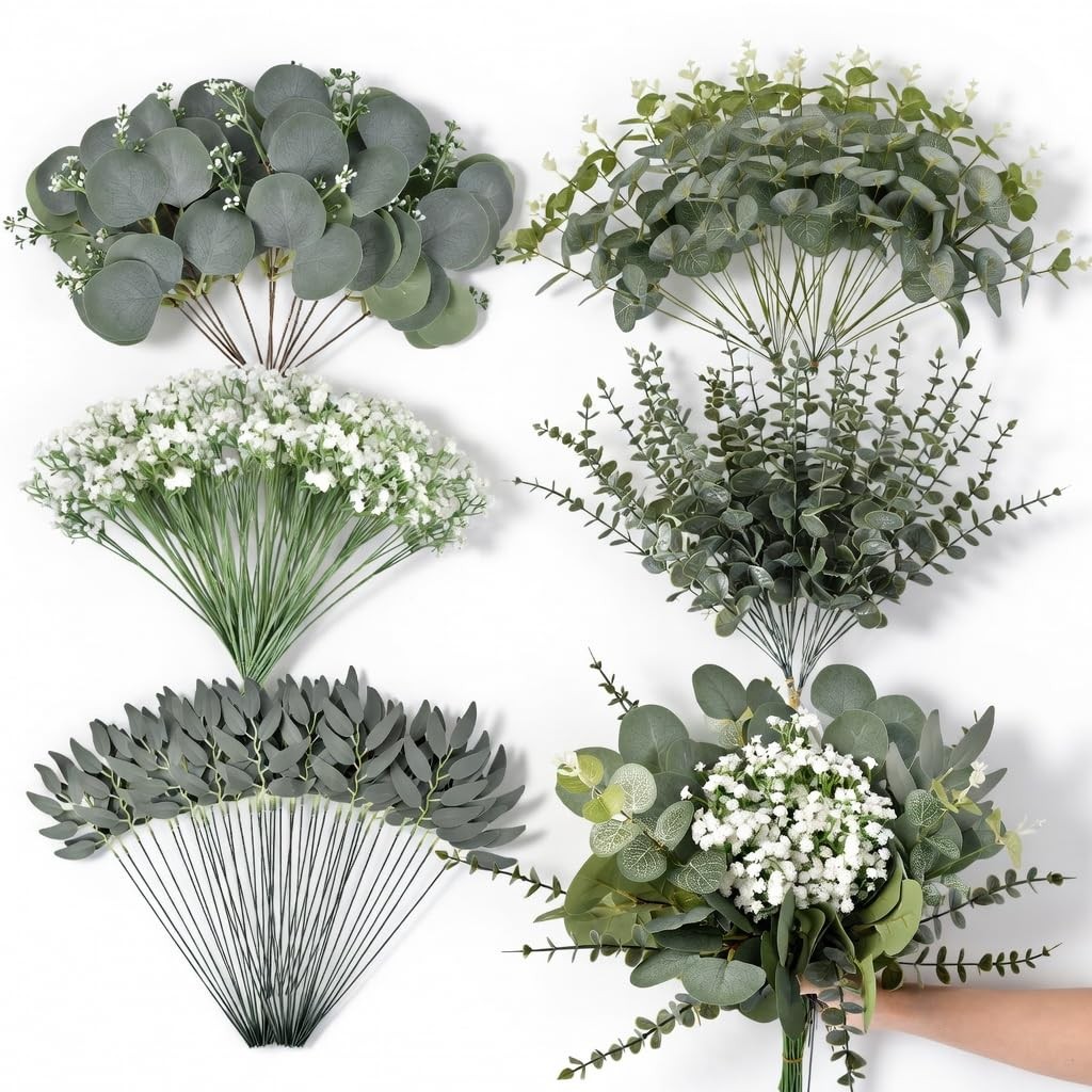 140 Pcs Mixed Eucalyptus Stems, 5 Kinds Artificial Greenery Stems Bulk, Fake …