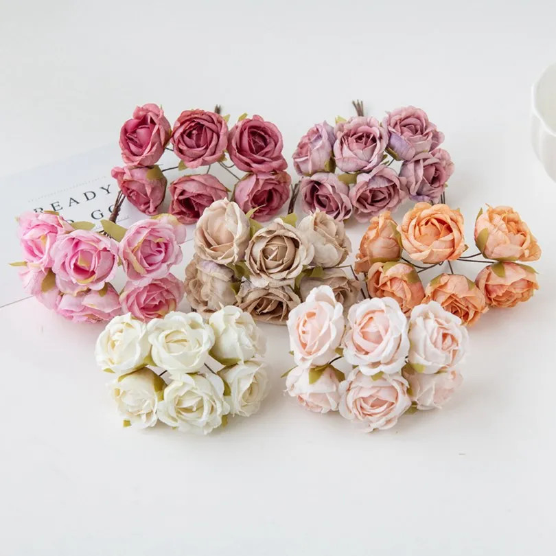 6Pcs Artificial Silk Tea Rose Mini Bouquet for Wedding Christmas Diy Home Decor