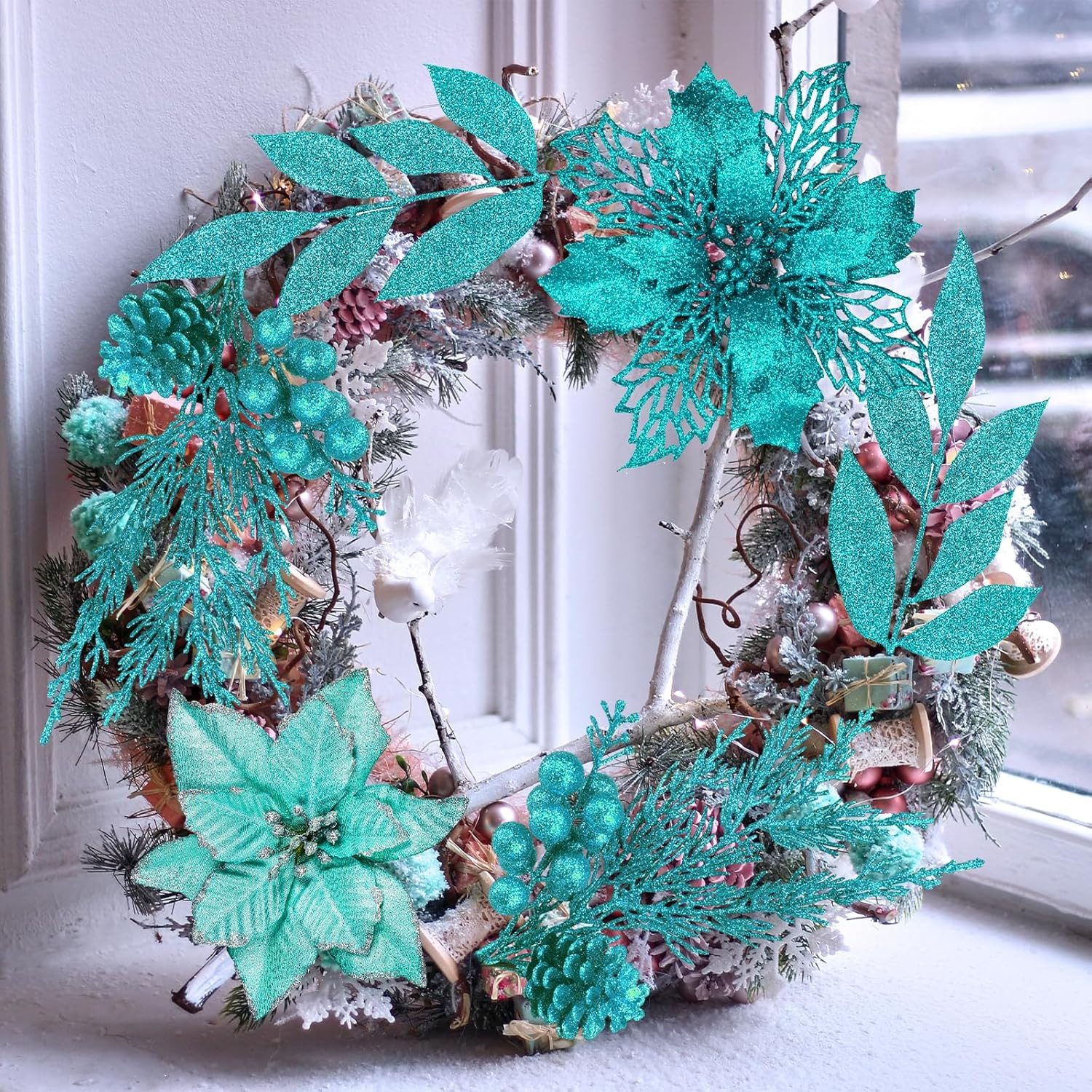 35 Pcs Christmas Artificial Poinsettia Flowers Picks Artificial Leaves Sprays