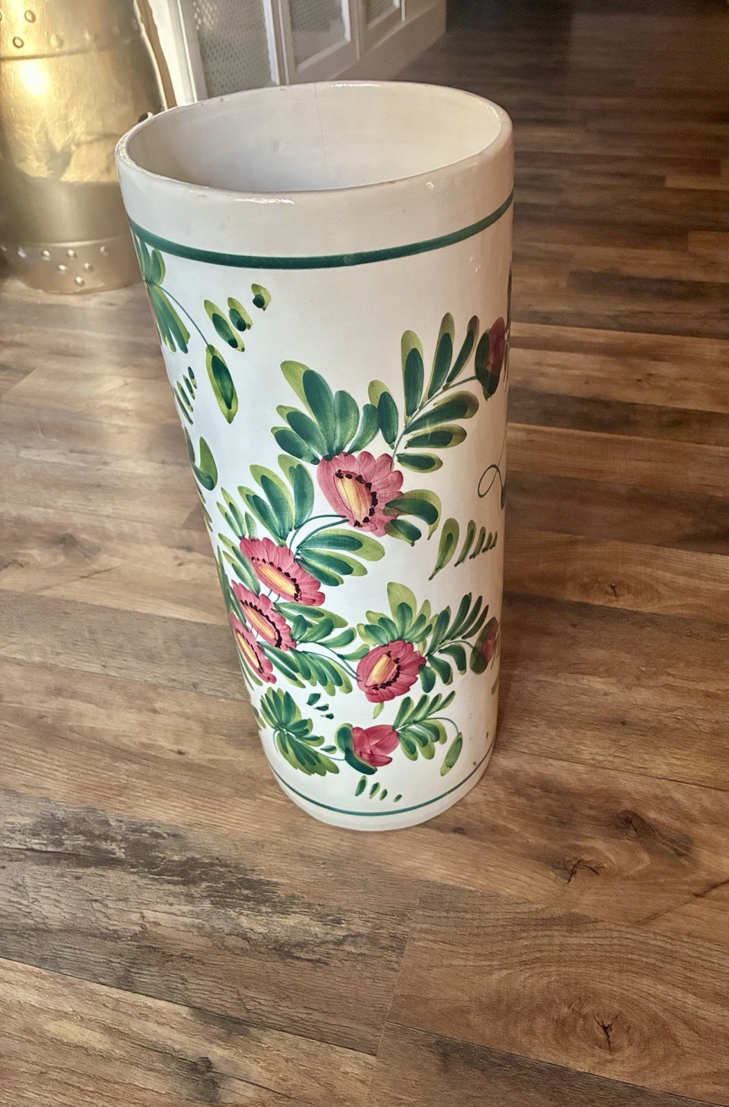 Floral Spanish Porcelain Umbrella Stand In green & Pink