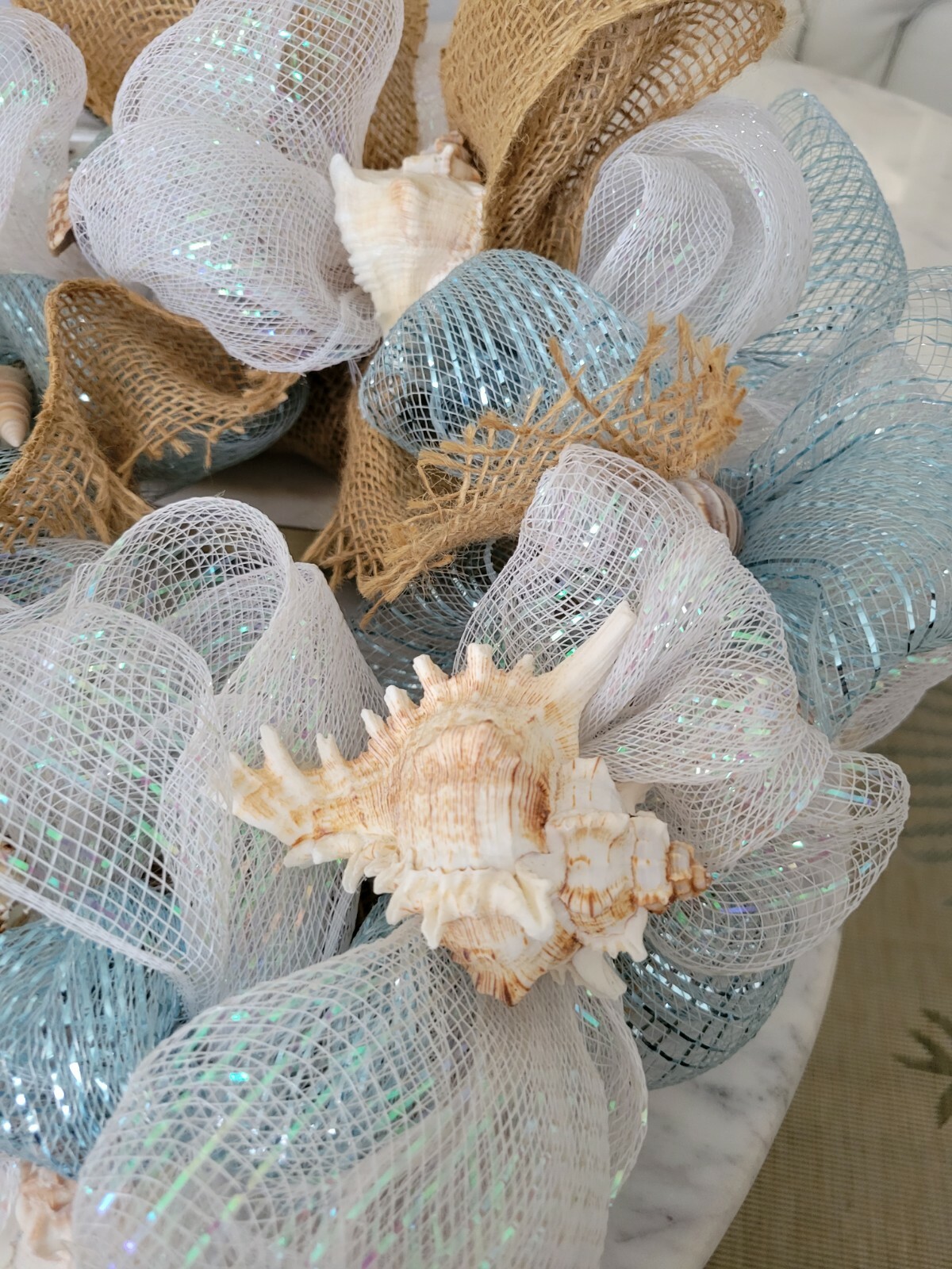 Beautiful Romantic shimmery ribbon SeaShell Wreath 16″ Coastal beach house decor