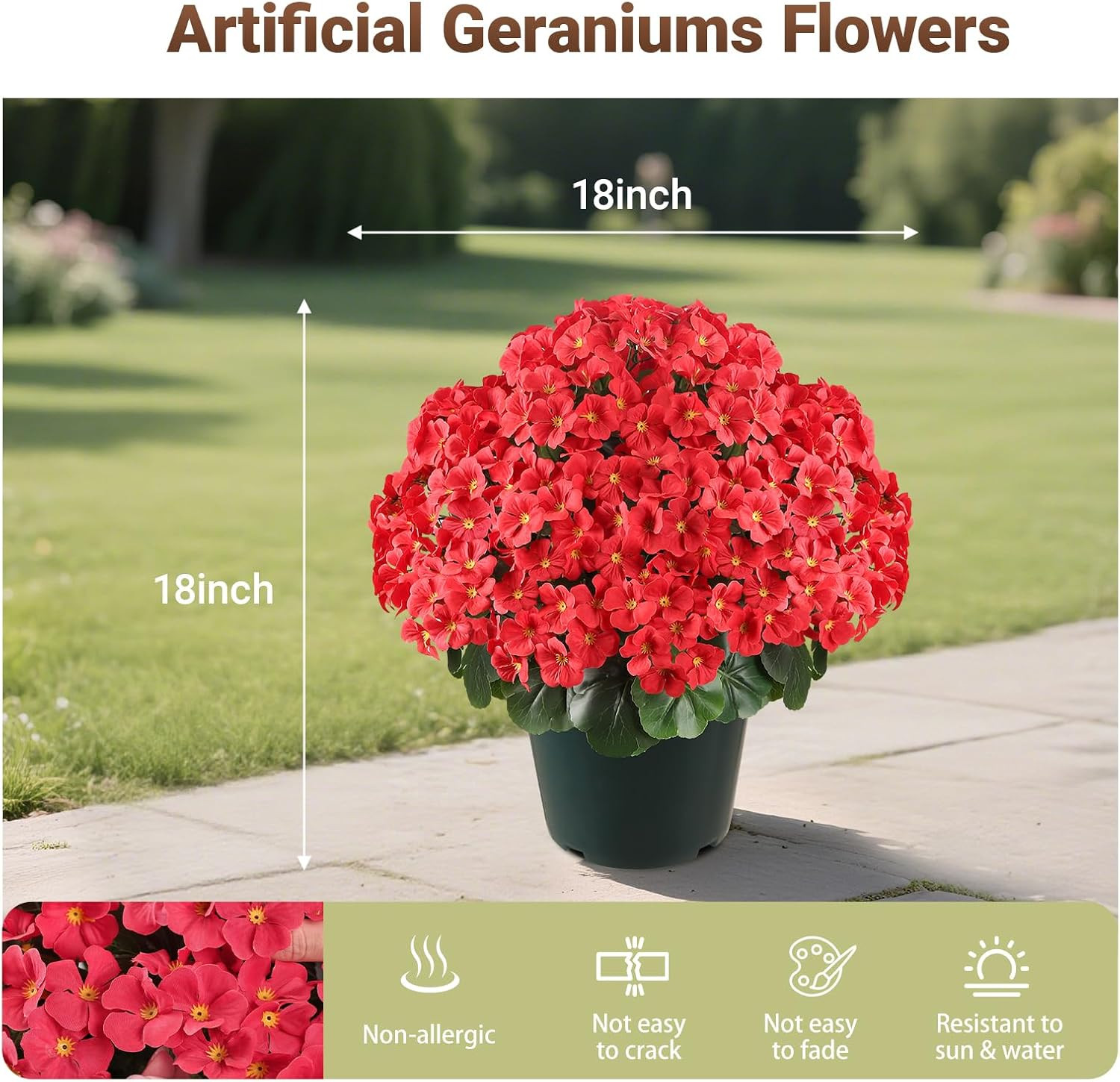 UV Resistant 20″ Artificial Geraniums in Pot for Outdoor Decor & Garden