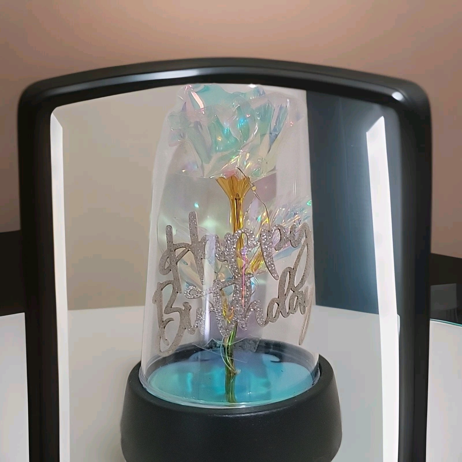 New With Box – Cryst Rose with LED Light In Dome Cover – Happy Birthday – White