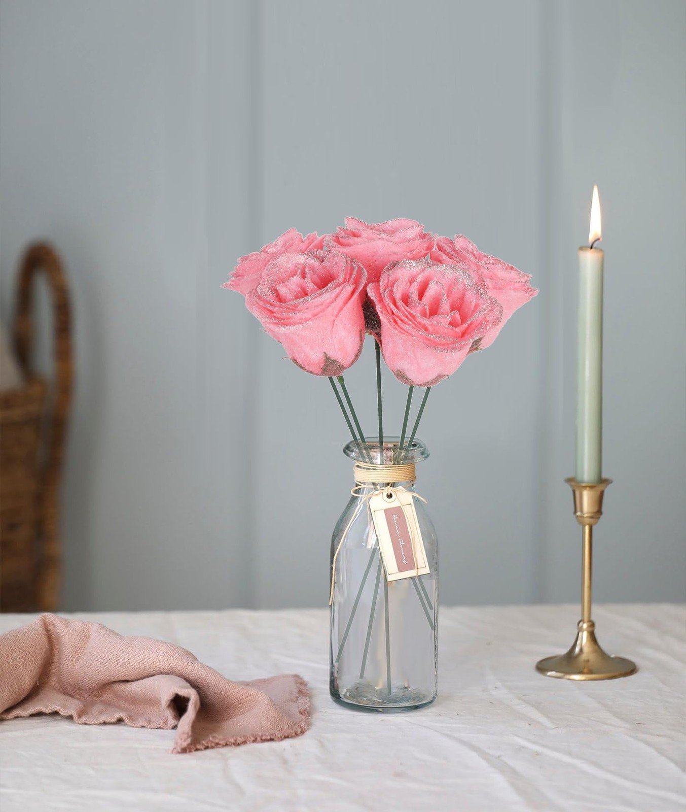 30PCS Glitter Roses Fake Peach Flowers Artificial Roses with Stems for Weddin…