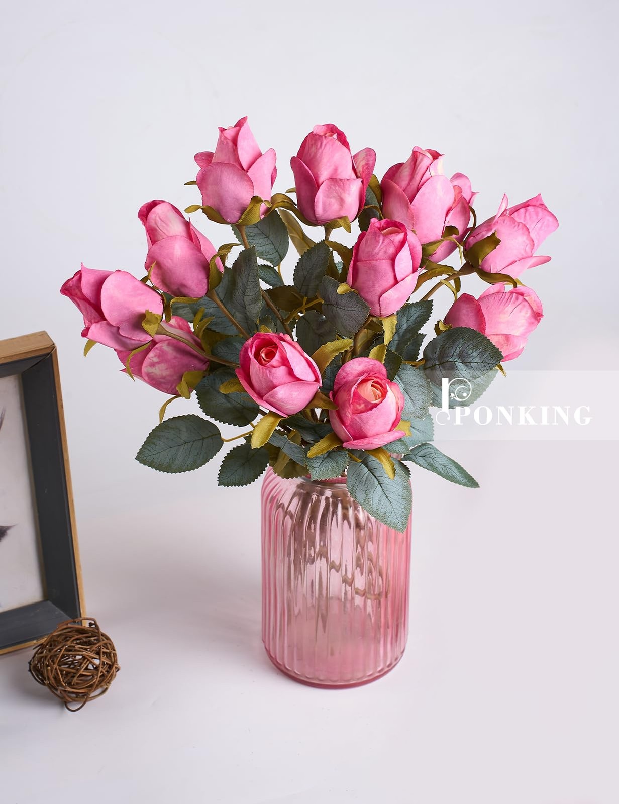 Rose Artificial Flower Buds 12 Pcs Realistic Faux Silk Fake Bouquets Magenta
