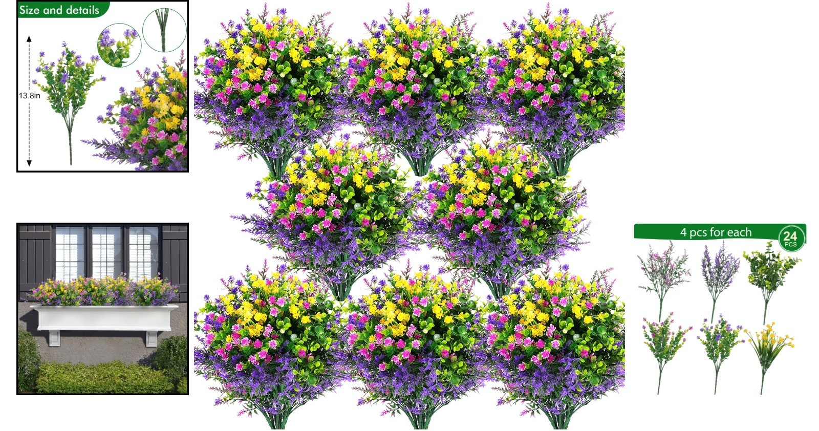 24 Pcs UV Resistant Artificial Flowers – Vivid Summer Decor in Fuchsia & Purple
